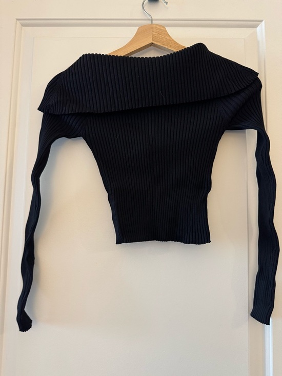 Slim Ribbed Off-the-Shoulder Sweater - Black - Picture 7 of 7